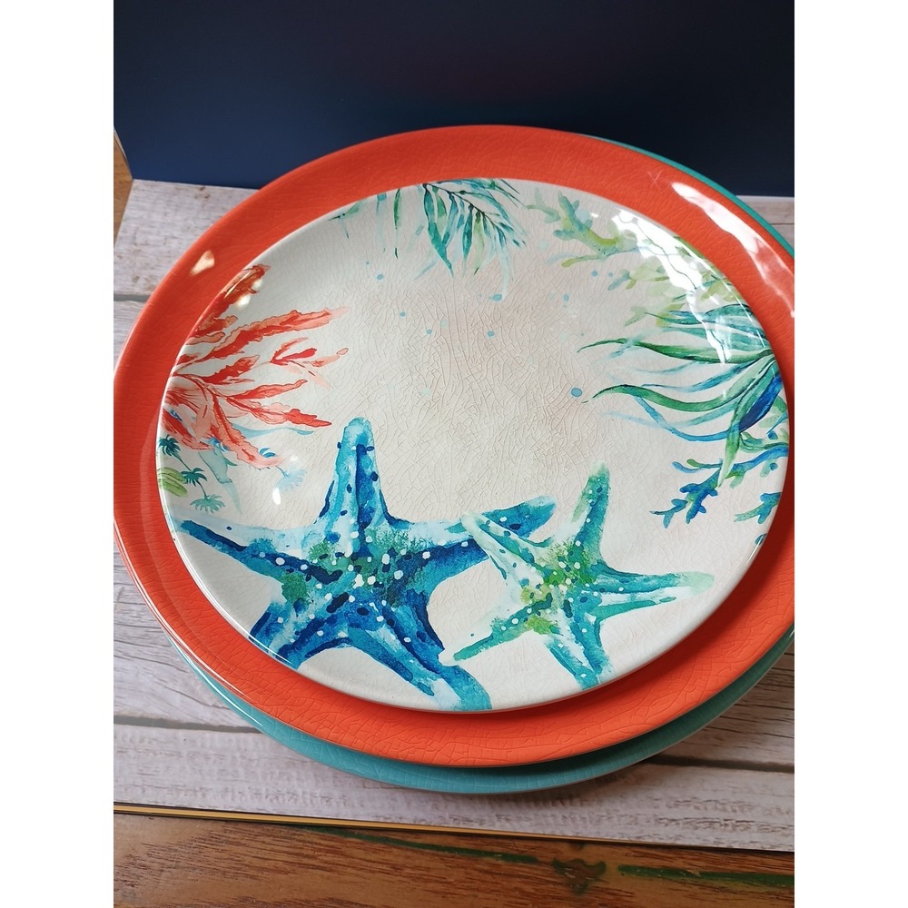 Melamine Set Of 12 Plates 9" & 11" Bowls Corals Crab Seahorse Starfish Turtle - Picture 6 of 11